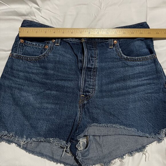 Levis Premium Ribcage Shorts Denim High-Waisted Frayed Hem Women's Blue Cotton C - Picture 6 of 10